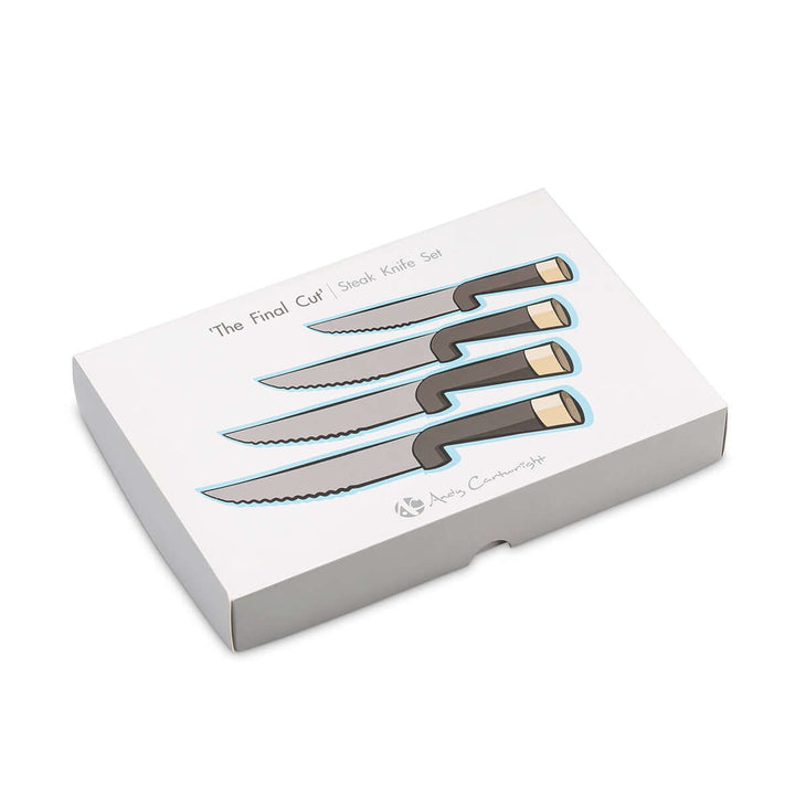 The Final Cut Steak Knife 4pc Set by Andy Cartwright gift boxed with sleek design and ergonomic handles.