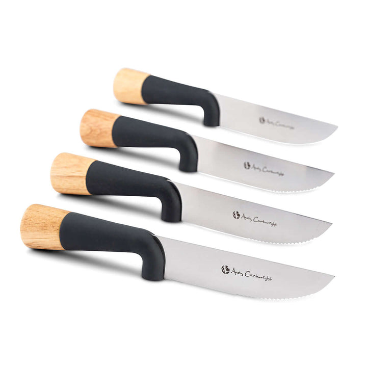 The Final Cut Steak Knife 4pc Set by Andy Cartwright featuring precision engineered stainless steel blades and rubber wood handles.