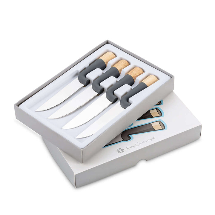 The Final Cut Steak Knife 4pc Set by Andy Cartwright in gift box, featuring stainless steel blades and rubber wood handles.