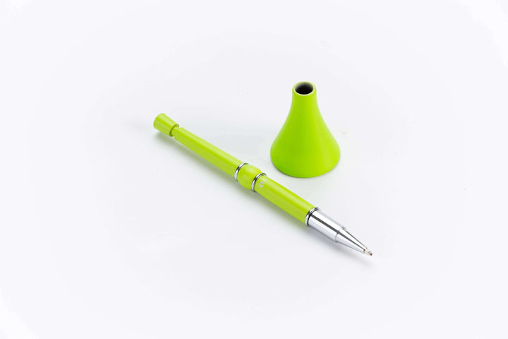I am South African Vuvuzela Pen by Andy Cartwright with green vuvuzela-shaped cap and silver tip on white background.