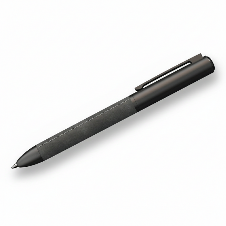 Sengetti Cowskine Ball Pen showcased with a stitched leatherette grip and matte black coated stainless steel barrel.