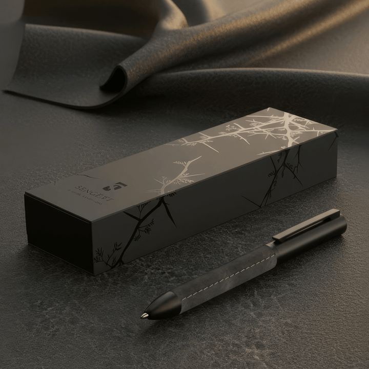 Sengetti Cowskine Ball Pen displayed with its elegant packaging, showcasing its stylish design and rugged elegance.