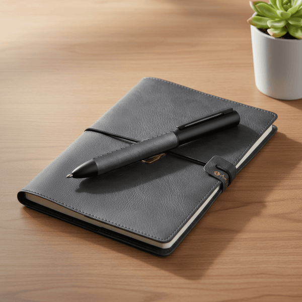 Sengetti Cowskine Ball Pen on a leather notebook, showcasing stylish corporate gifting from the Andy Cartwright Collection.