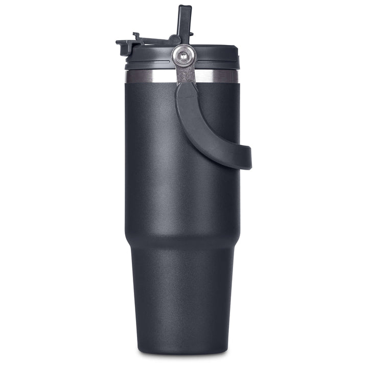 Double-walled 800ml travel mug with screw-on lid and flip straw