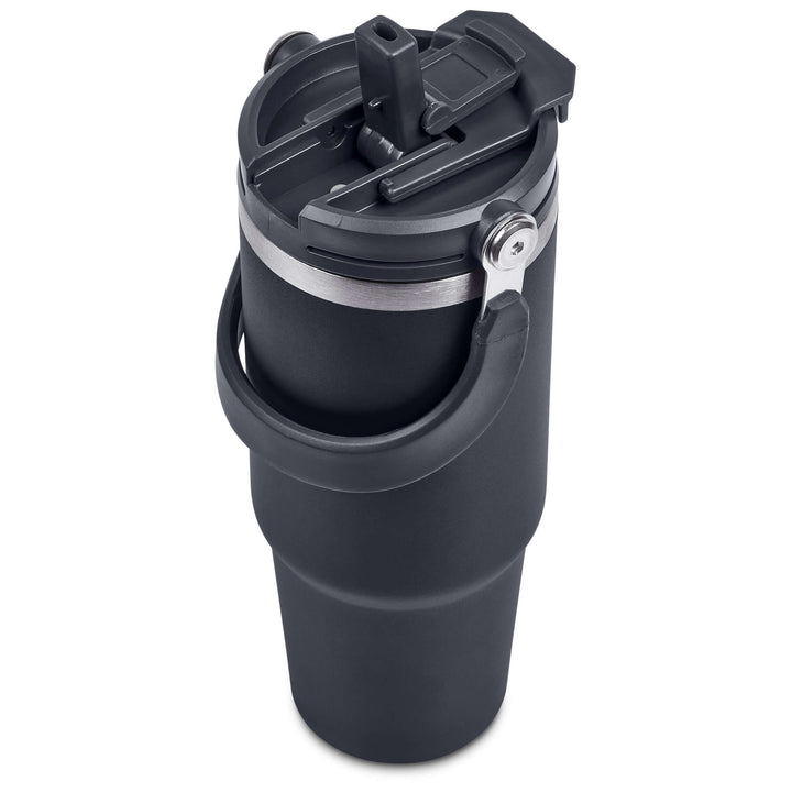 Matte black insulated tumbler with swing handle and secure grip