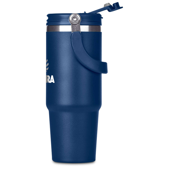 Matte electric blue insulated tumbler with swing handle and secure grip
