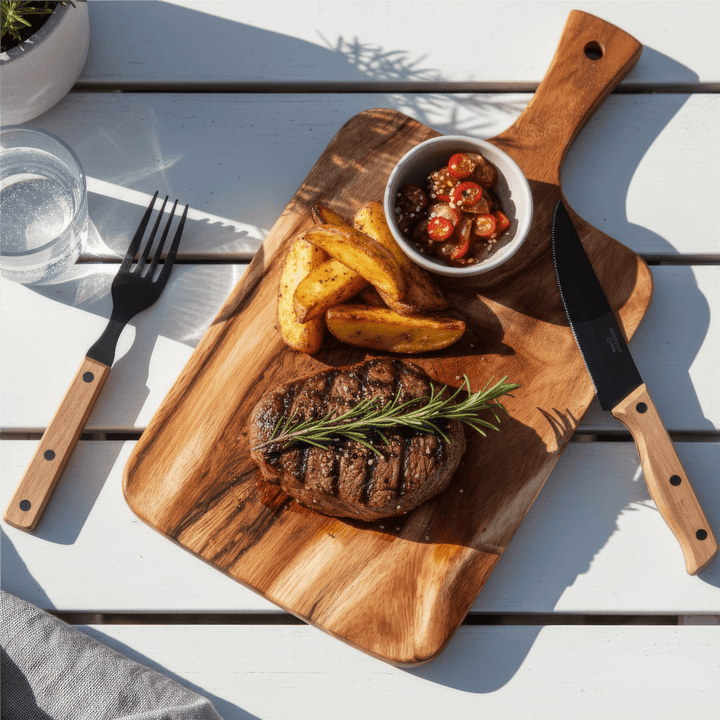 Ermelo steak knife and fork set displayed with a steak, potatoes, and dipping sauce on a wooden board.