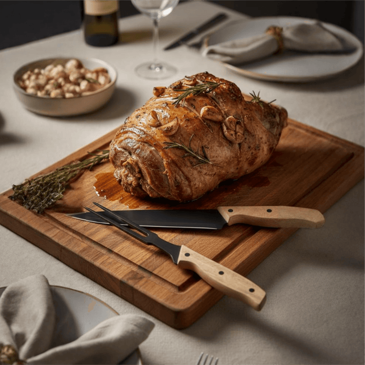 Ermelo Carving Set – Andy Cartwright on a wooden board with a roasted meat and herbs.