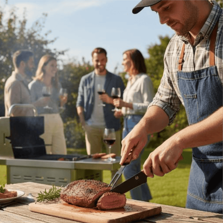 Man using the Ermelo Carving Set – Andy Cartwright to slice a roast at an outdoor barbecue with friends.