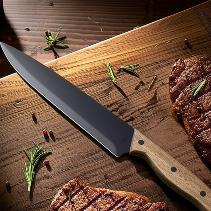 Ermelo carving set Andy Cartwright featuring a stainless steel knife on a wooden cutting board with meat garnished.