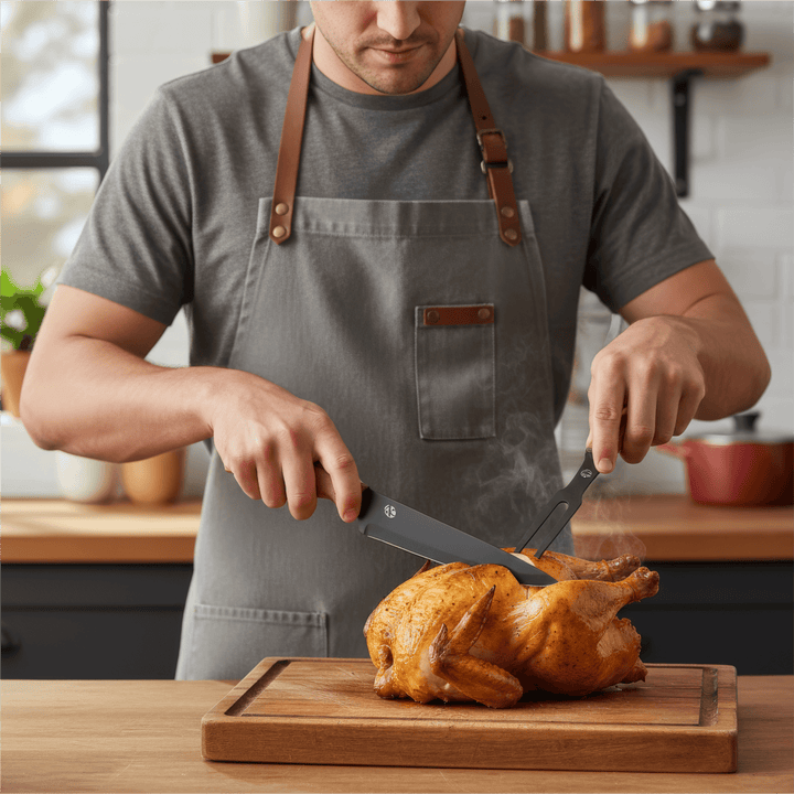 Person using the Ermelo Carving Set – Andy Cartwright to carve a roasted chicken on a wooden cutting board.