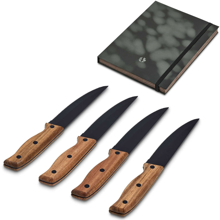 Wood-handled steak knife with stainless steel Teflon-coated blade
