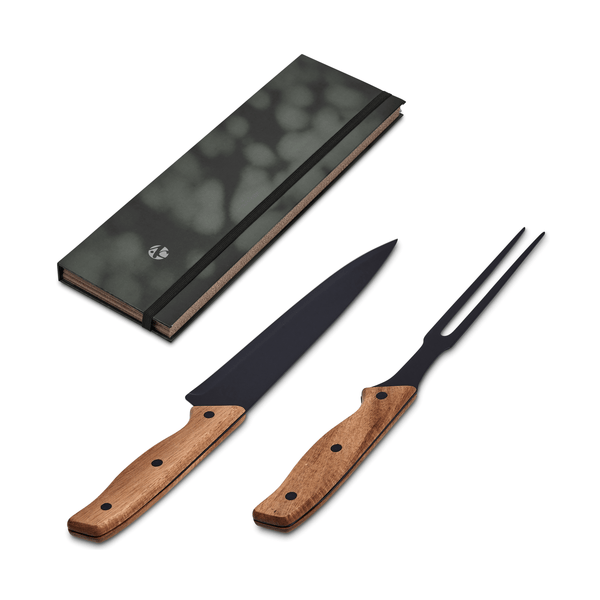 Ermelo Carving Set – Andy Cartwright featuring stainless steel knives with wooden handles and a stylish box.