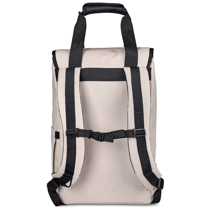 Back view of a beige backpack with black straps