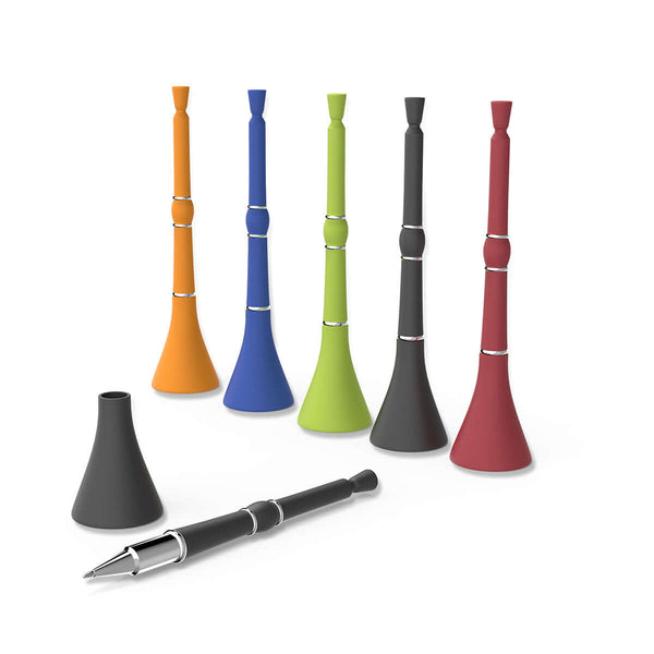 I am South African Vuvuzela Pen by Andy Cartwright in various colors with matching caps displayed on a white background.