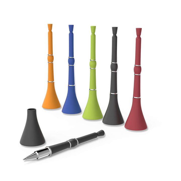 I am South African Vuvuzela Pen by Andy Cartwright in various colors with matching caps displayed on a white background.