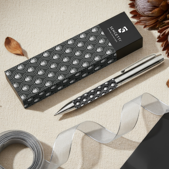 Sengetti Protea Heritage Ball Pen displayed next to its elegant packaging from the Andy Cartwright Collection.