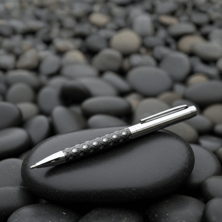 Sengetti Protea Heritage Ball Pen resting on black stones, showcasing fine Protea design and chrome plating.