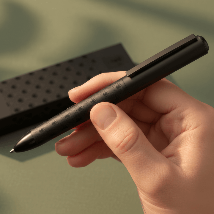 Sengetti Protea Signature Ball Pen held in hand with unique Protea design detail