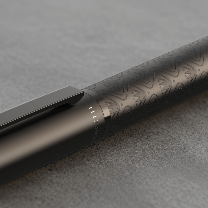 Sengetti Protea Signature Ball Pen showcasing elegant design and reflective Protea motif on a matte black finish.