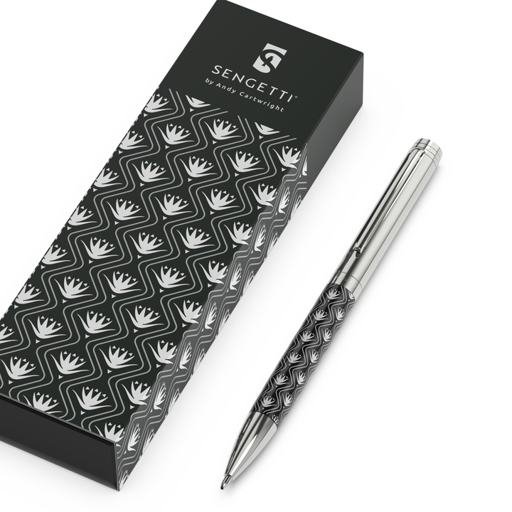 Sengetti Protea Heritage Ball Pen with packaging design by Andy Cartwright Collection, showcasing fine Protea pattern.
