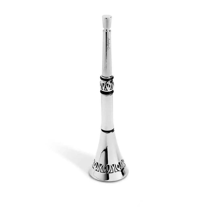 Tribal Vuvuzela Pen by Andy Cartwright with Black Ink displayed in silver with intricate detailing.
